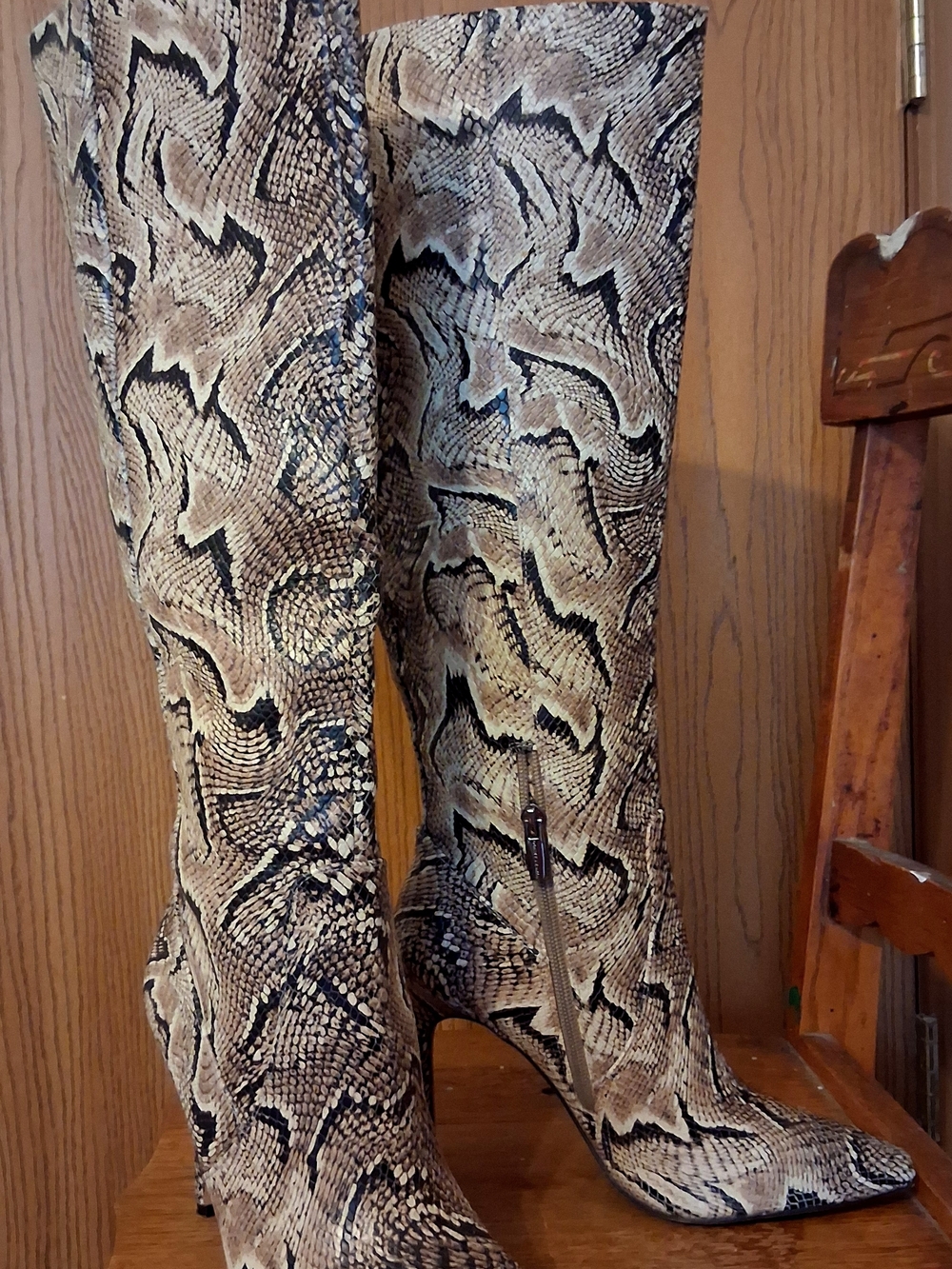Vince Camuto Tall Snake-Print Pointed Toe Boots - Taupe/Black Sz 39 (7.5)